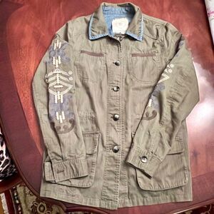 EUC Anthropologie Hei Hei Beaded Embroidered Olive Green Utility Jacket Sz SMALL